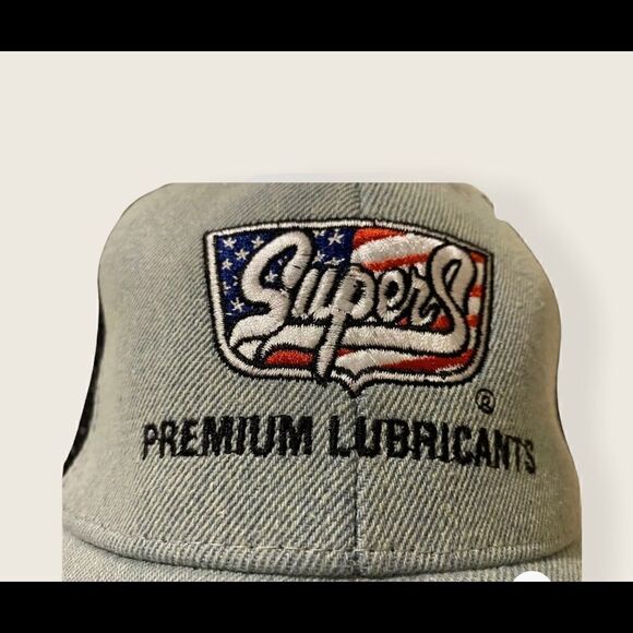 Super S Premuim Lubricants Logo Denim Hat Cap Mesh Snapback US Flag NWOT - Picture 4 of 8